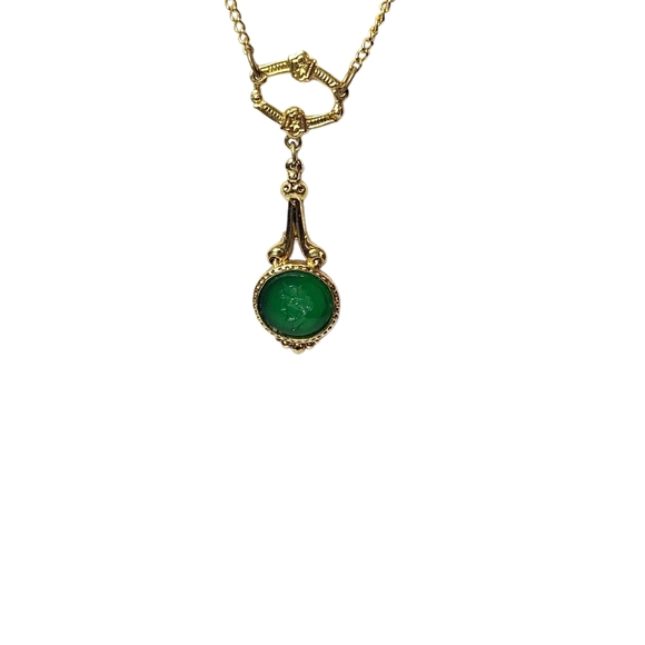 Vtg Arthur Pepper Gold Tone Green Intaglio Drop Pendant Necklace 16" Signed ART - Picture 2 of 9